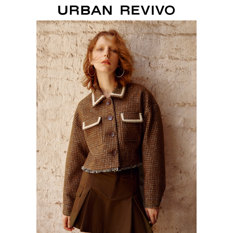 UR2023秋冬女装法式复古宽松格子流苏短款翻领外套UWL130091