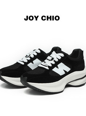 JOY CHIO 黑色经典休闲运动鞋2024春季新款复古跑鞋透气