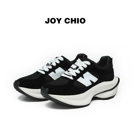 JOY CHIO 黑色经典休闲运动鞋2024春季新款复古跑鞋透气