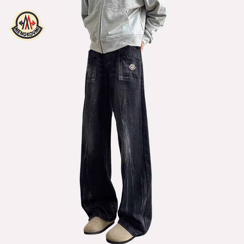 【官网正品】蒙口米色水波纹牛仔裤男秋冬季设计感宽松休闲直筒裤