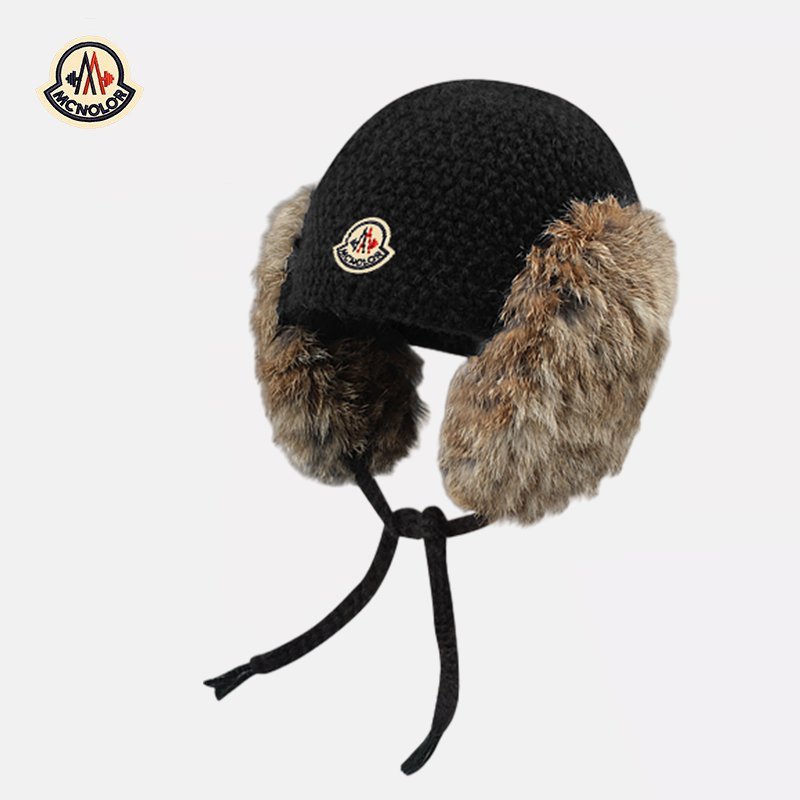 【正品现货】蒙口米色兔毛拼接针织护耳帽子女冬皮草毛线帽雷锋帽