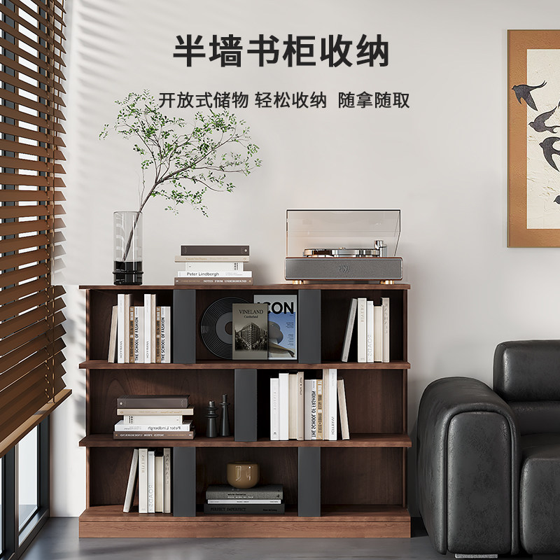 简约古风实木书架靠墙一体落地置物架客厅展示架矮款轻奢分层货架