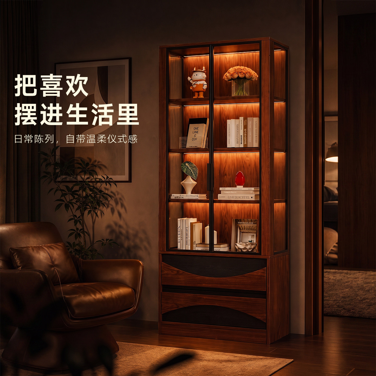 玻璃门手办展示收纳书柜图片