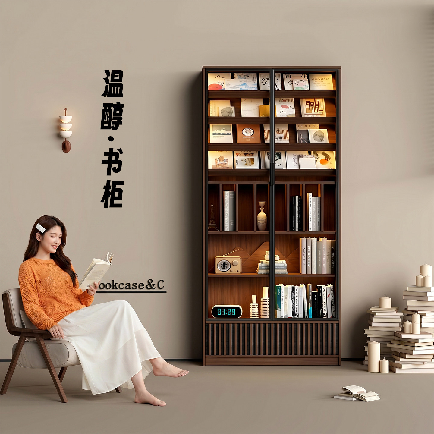 书柜带玻璃门斜面书架落地展示柜