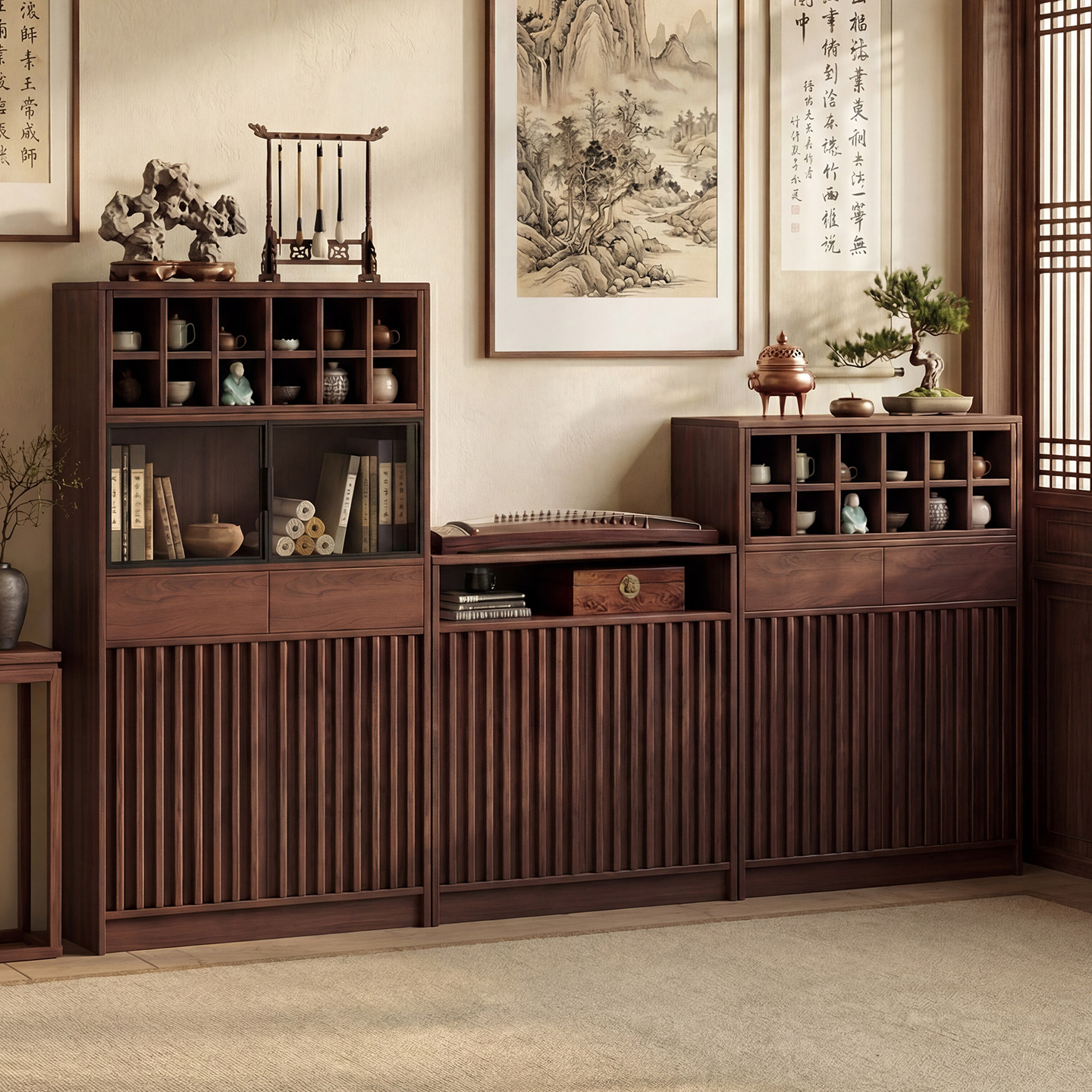 中古风茶柜置物架客厅家用新款靠墙一体博古柜收纳储物多宝阁茶架