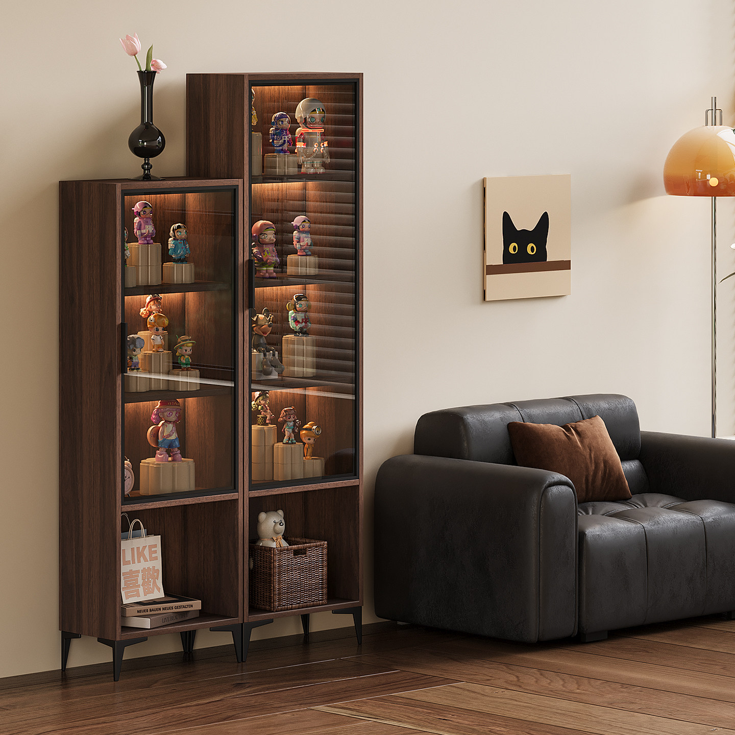 中古风玻璃透明手办展示柜边柜客厅多层置物架窄边高柜储物柜书柜