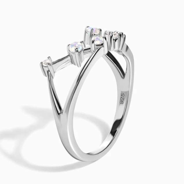 银戒指女镶钻合成钻石V字设计时尚简约开口戒指