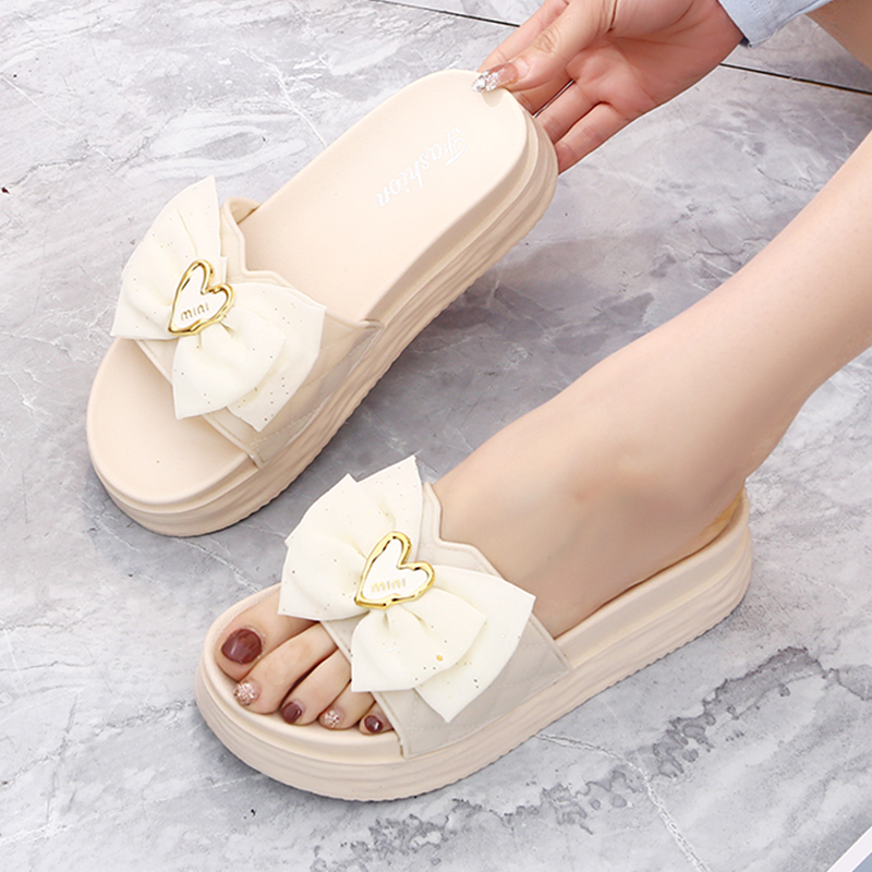 厚底拖鞋女夏季外穿新款蝴蝶结一字拖增高时尚仙女风中跟沙滩凉拖