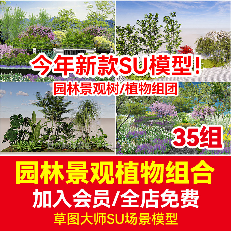 现代园林景观树草图大师SU模型植物组团乔木灌木地被花卉sketchup_虎窝淘
