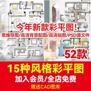 素材库PSD源文件贴图 彩色平面图家装 新款 室内彩平图15种不同风格