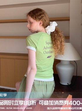 square houlest户外休闲百搭印花显瘦瑜伽健身高弹薄款短袖T恤女