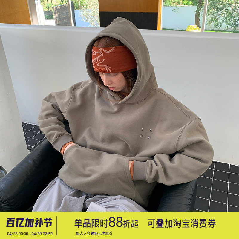 square houlest户外基础款印花加绒加厚宽松连帽套头卫衣外套男女