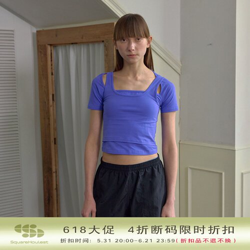 square houlest甜酷少女镂空简约纯色显瘦修身短款短袖两件套上衣