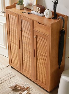 家逸实木可移动带锁带轮鞋柜樱桃木色家用门口走廊门外柜室外