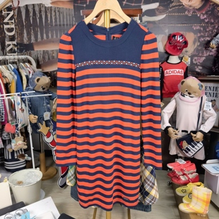 Eland/依恋女装 女士春秋款 两色条纹 长袖纯棉 长款 连衣裙