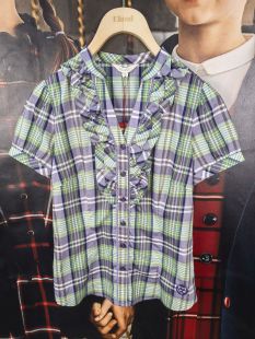 eland 依恋 女子成人夏款（大童可穿）纯棉木耳边V领格子短袖衬衫