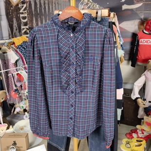 E-land/依恋 成人女士 春秋款 100%棉 花边立领淑女格子 衬衫！