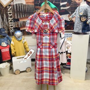 E·LAND/依恋 成人女子夏款 纯棉格子 双排扣英伦风 短袖 连衣裙