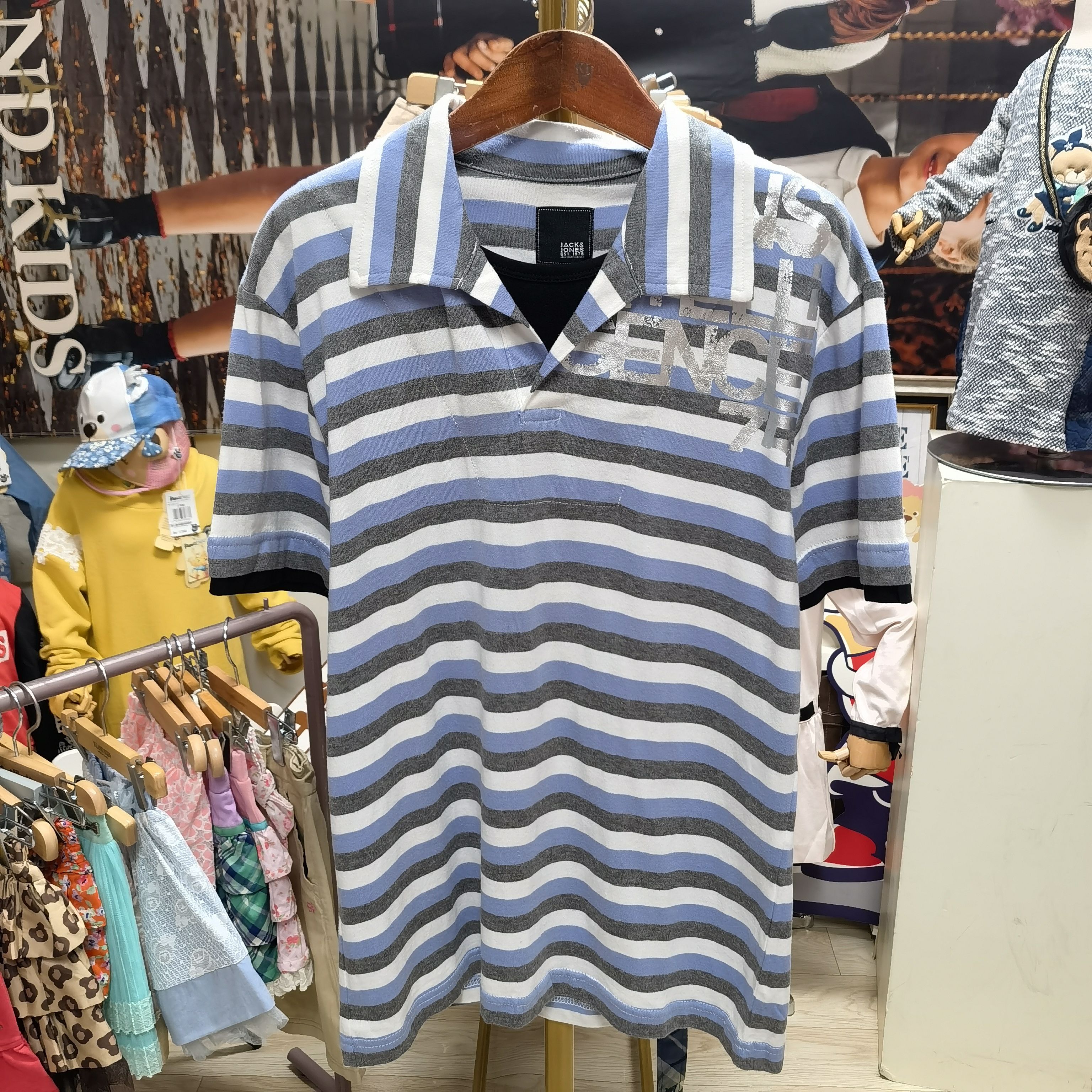 杰克琼斯/Jack&Jones 男士夏款纯棉后背印花假两件大翻领 短袖T恤