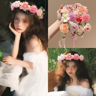 超好看的超仙森系花环发箍女2026新款新娘飘带花朵头箍儿童头饰品