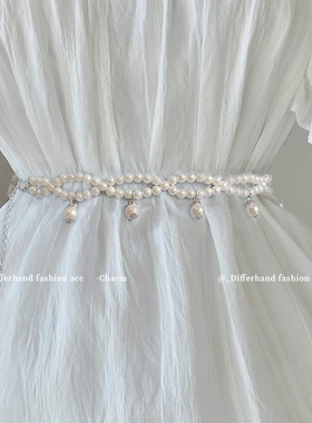 2025新款连衣裙白色珍珠腰带女夏日配裙子装饰百搭甜美腰封腰链