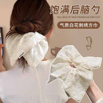 气质白花刺绣方巾女2025新款后脑勺饱满丸子头大肠发圈慵懒风发饰