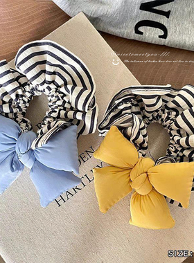 明黄色蝴蝶结发圈条纹褶皱发绳韩系时尚甜美发饰2025新款头绳头饰