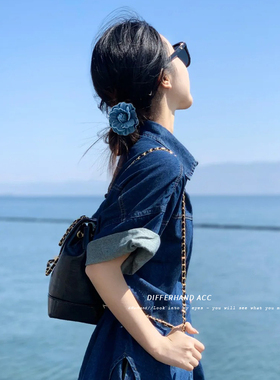 花朵头绳2024新款高级感女发绳扎头夏季牛仔蓝色大肠发圈头花头饰