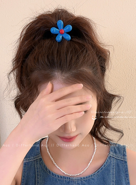韩系蓝色花朵高马尾发绳2025新款简约黑色发绳高弹力耐用皮筋头饰