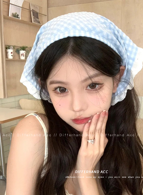 夏天三角巾蓝色丝巾女2024新款法式田园风头巾蕾丝方巾氛围感头饰