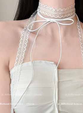 蝴蝶结白色蕾丝项圈女颈带choker脖子配饰颈链高级感叠戴项链绳子