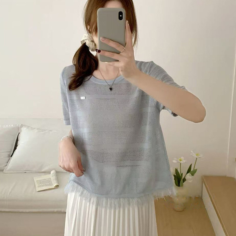 夏季高级感流苏针织短袖女T恤图片