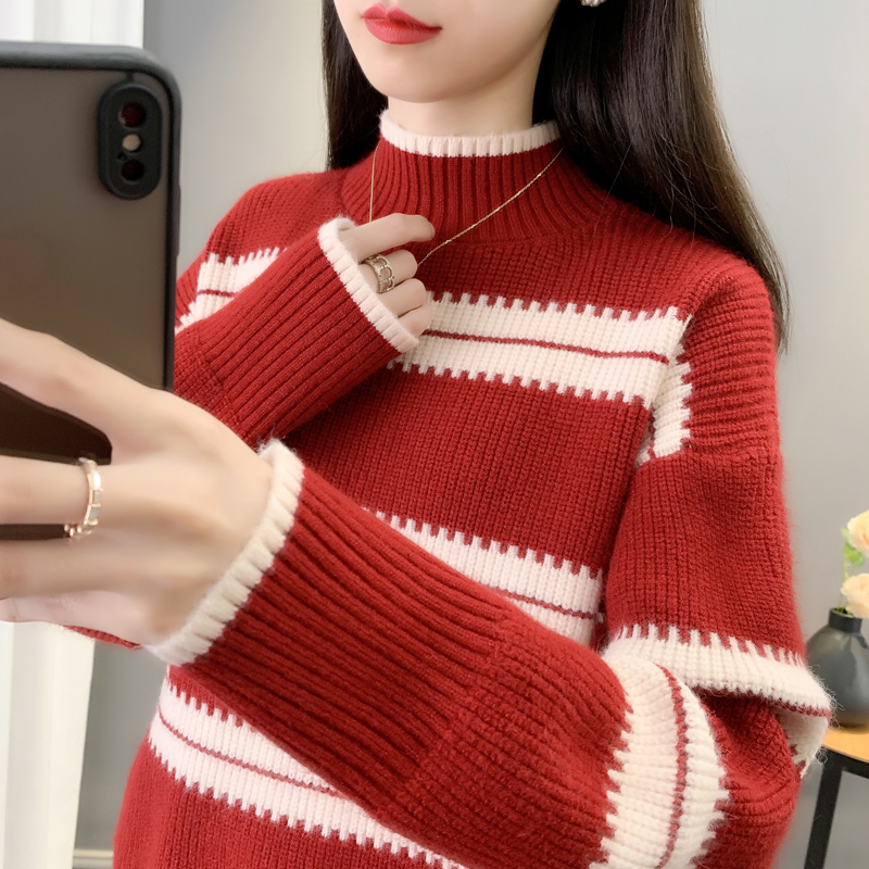 宽松条纹秋冬毛衣女2025年拼色新款爆款女慵懒复古针织半高领上衣