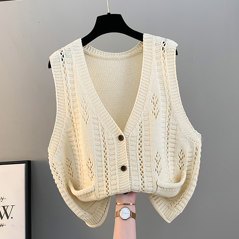 春装镂空毛衣针织背心马甲女2025年女式口袋马夹洋气开衫坎肩外套