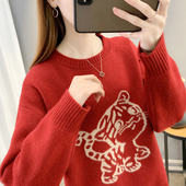 清仓 学院慵懒风百搭针织 新年红色圆领套头毛衣女秋冬宽松韩版