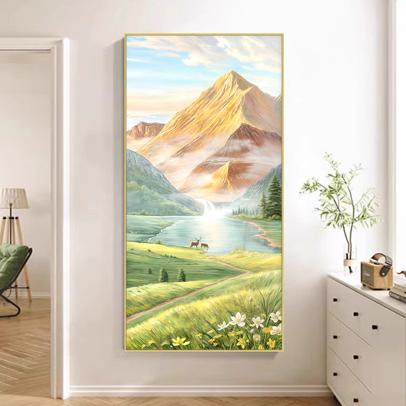 日照金山玄关装饰画入户正对门挂画入户玄关大芬油画村高级山水画