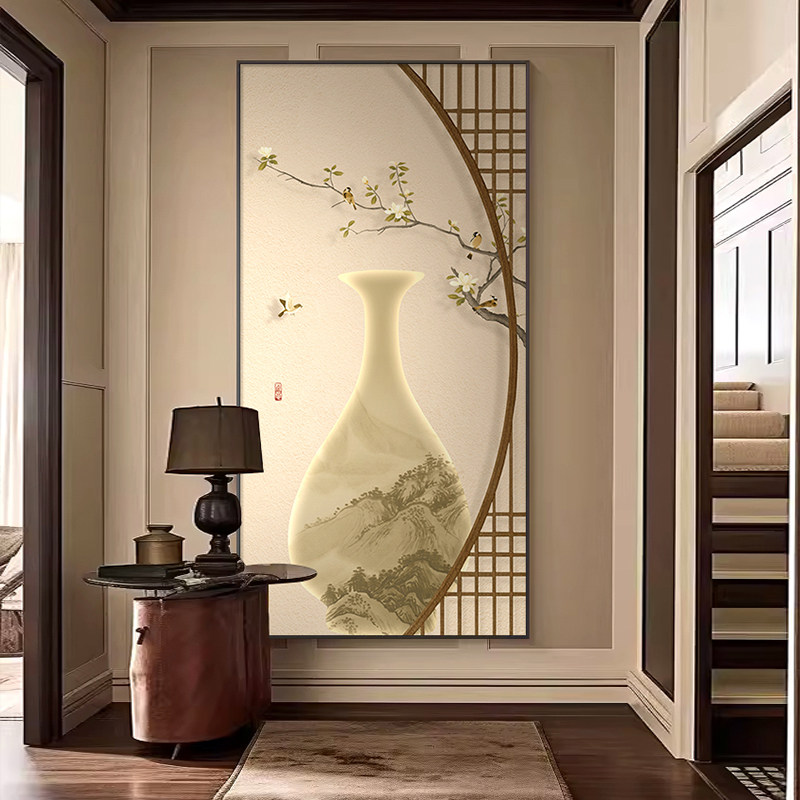新中式玄关装饰画入户花鸟禅意艺术挂画茶室楼梯走廊过道竖版壁画