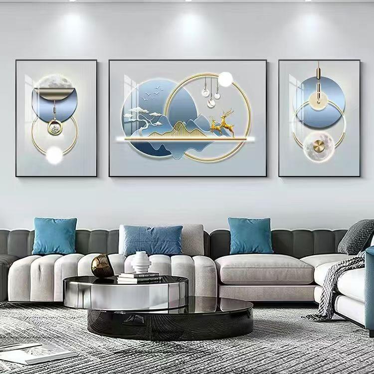 新款轻奢高档现代装饰福禄几何三联壁画沙发背景墙有带框挂画简约