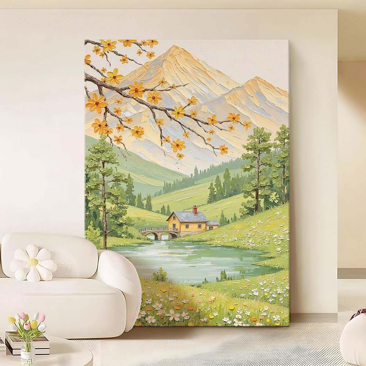奶油风春日山景诗意肌理感玄关过道挂画卧室装饰画餐桌纯手绘油画