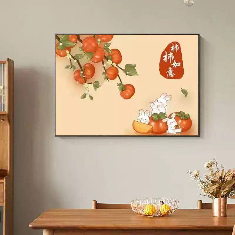 餐厅背景墙装饰画2024新款柿柿如意饭厅新中式挂画立体单幅壁画