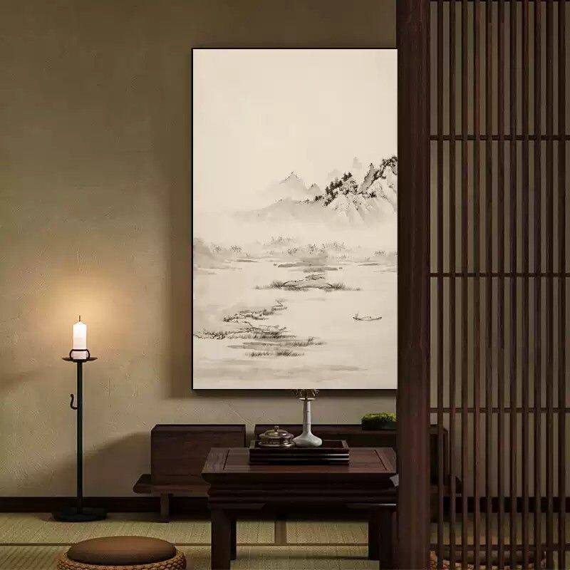 中式工笔山水装饰画客厅卧室背景墙竖版壁画茶室书房过道挂画古画