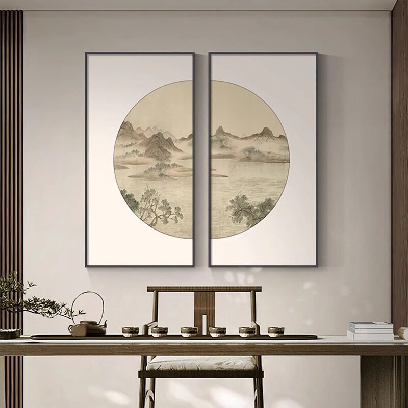 新中式茶室背景墙装饰画餐厅挂画水墨画书房山水国画客厅玄关壁画