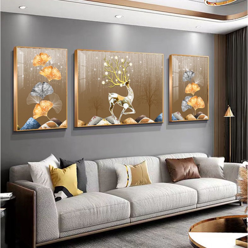 沙发背景墙装饰画晶瓷立体三连图壁画银杏叶客厅新房装饰挂画三联