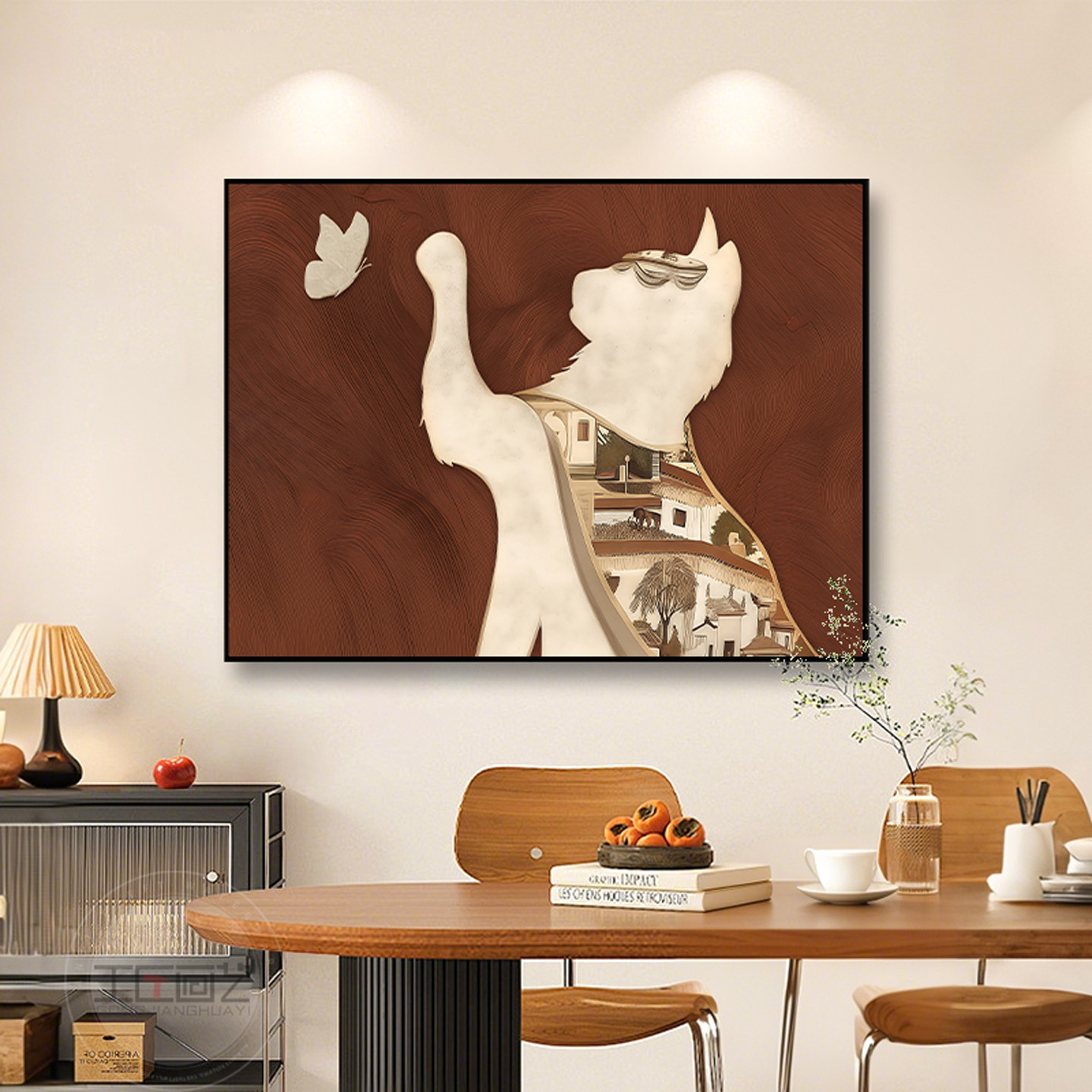 中古风猫咪餐厅墙面装饰画复古餐桌背景墙挂画艺术高级感客厅壁画