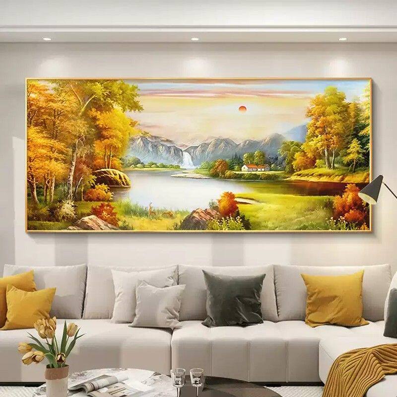聚宝盆轻奢高级客厅壁画背景墙挂画油画旭日东升装饰画感沙发山水
