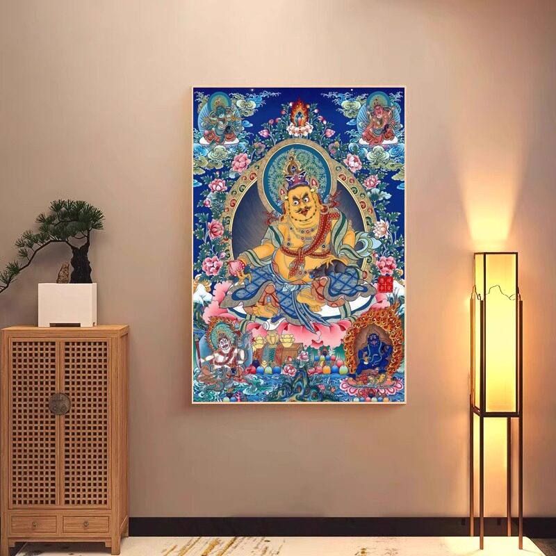 唐卡五路黄财神佛像茶意禅室有框客厅玄关藏式装饰挂画招财壁画红