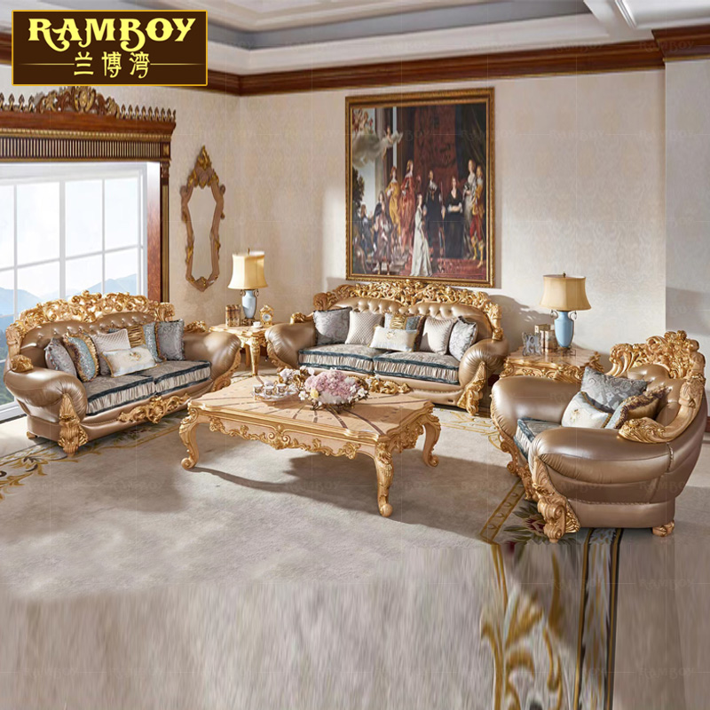 新款别墅客厅欧式沙发法式全实木雕花大户型皮布结合沙发组合定制