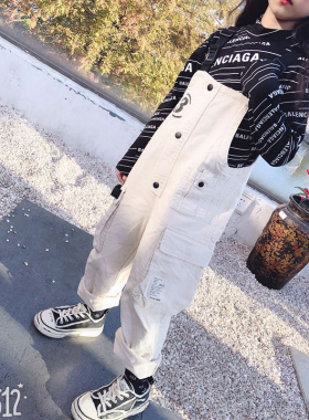 白色女童牛仔背带裤2024新款小女孩连体宽松休闲潮跳街舞表演服装