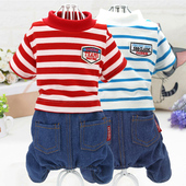 狗狗衣服秋冬装 条纹牛仔四脚衣泰迪贵宾金毛宠物服饰狗衣服