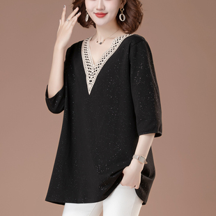 高端V领纯棉七分袖 显瘦中袖 洋气特大码 妈妈宽松上衣 T恤女春秋新款